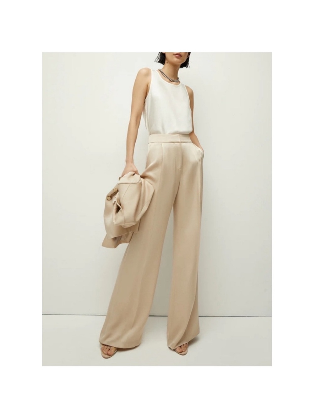 Veronica Beard Edia Pant Wide-Leg High-Waist Silk Cream Trousers